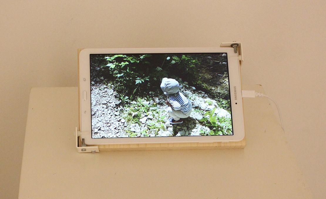 Video screen: child playing at the forest stream.