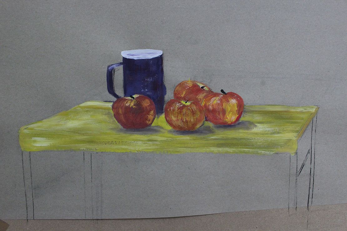 Painting still life with apples in cromatic colors.