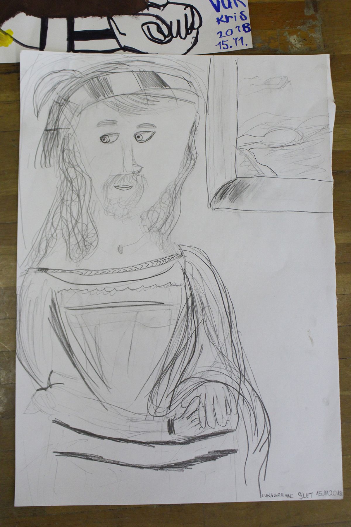 Children drawing the Selfportrait from Albrech Durer.