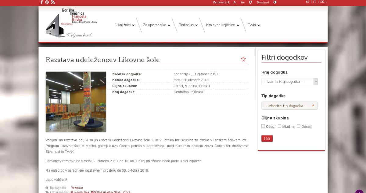 Razstava udeležencev Likovne šole v Goriški knjižnici Franceta Bevka, oktober 2018.