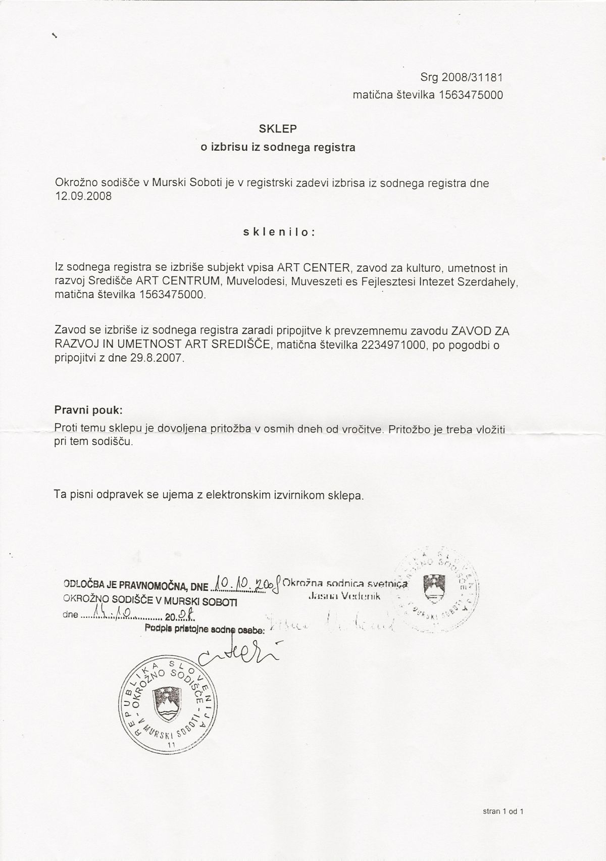 Sodni register: Vpis pripojitve zavoda Art center k zavodu Art središče, oktober 2008. Pripojitev je omogočila obuditev umetniškega centra.
