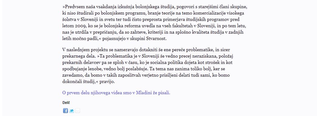"Resnica o visokem šolstvu - 2.del" v reviji Mladina, marec 2015. (Sodelovanje kot pobudnik skupine Stvarnost.)
