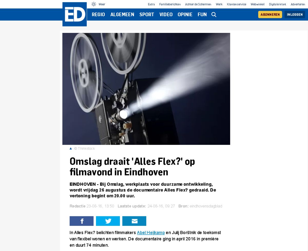 De Omslag: projection of "Alles Flex?" ("All Flex?") with debate, Eindhoven (NL), August 2016