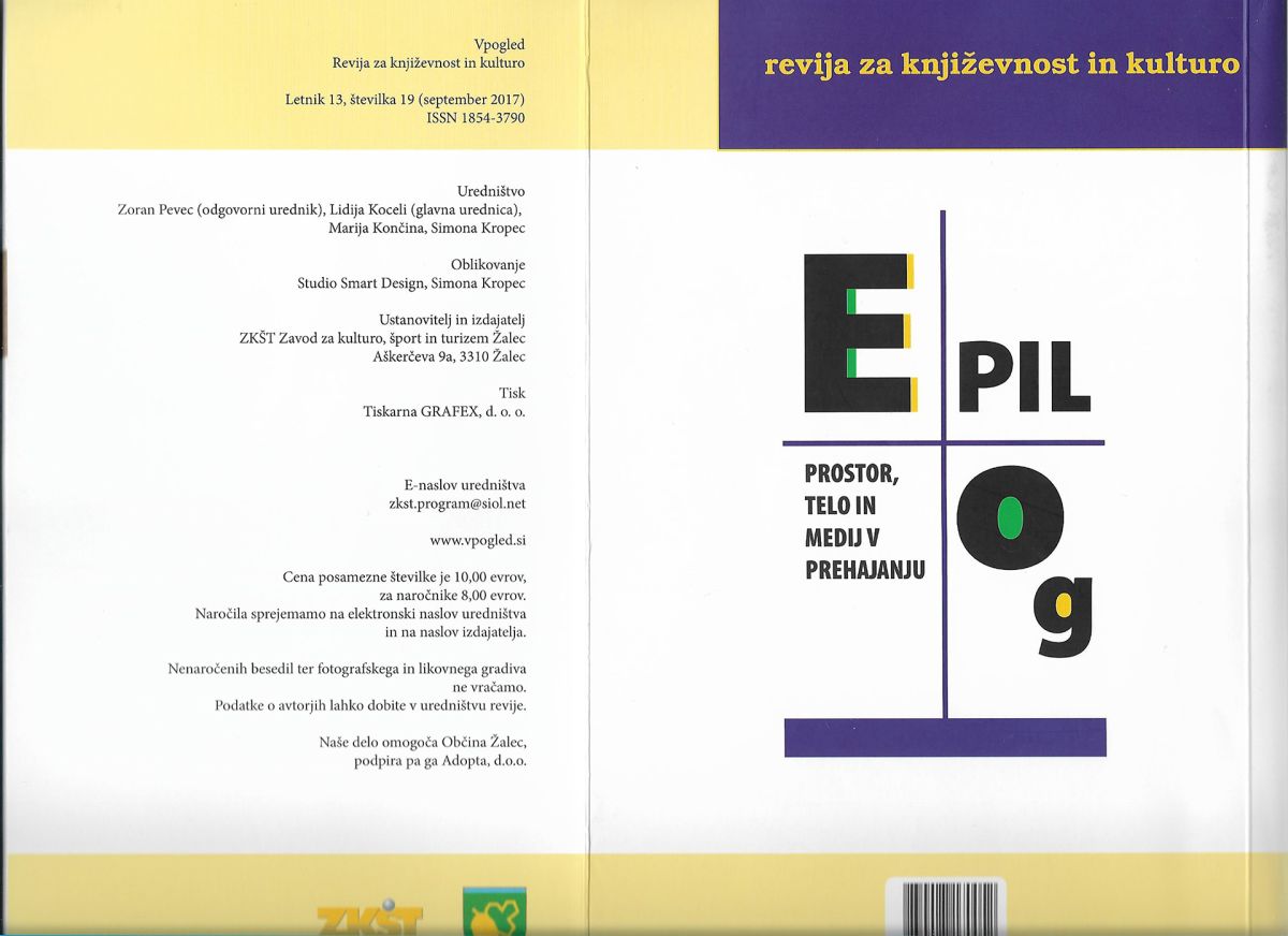 Katalog razstave EPILOG, prostor, telo in medij v prehajanju v reviji Vpogled, letnik XIII, št. 19, predzadnja stran, september 2017.