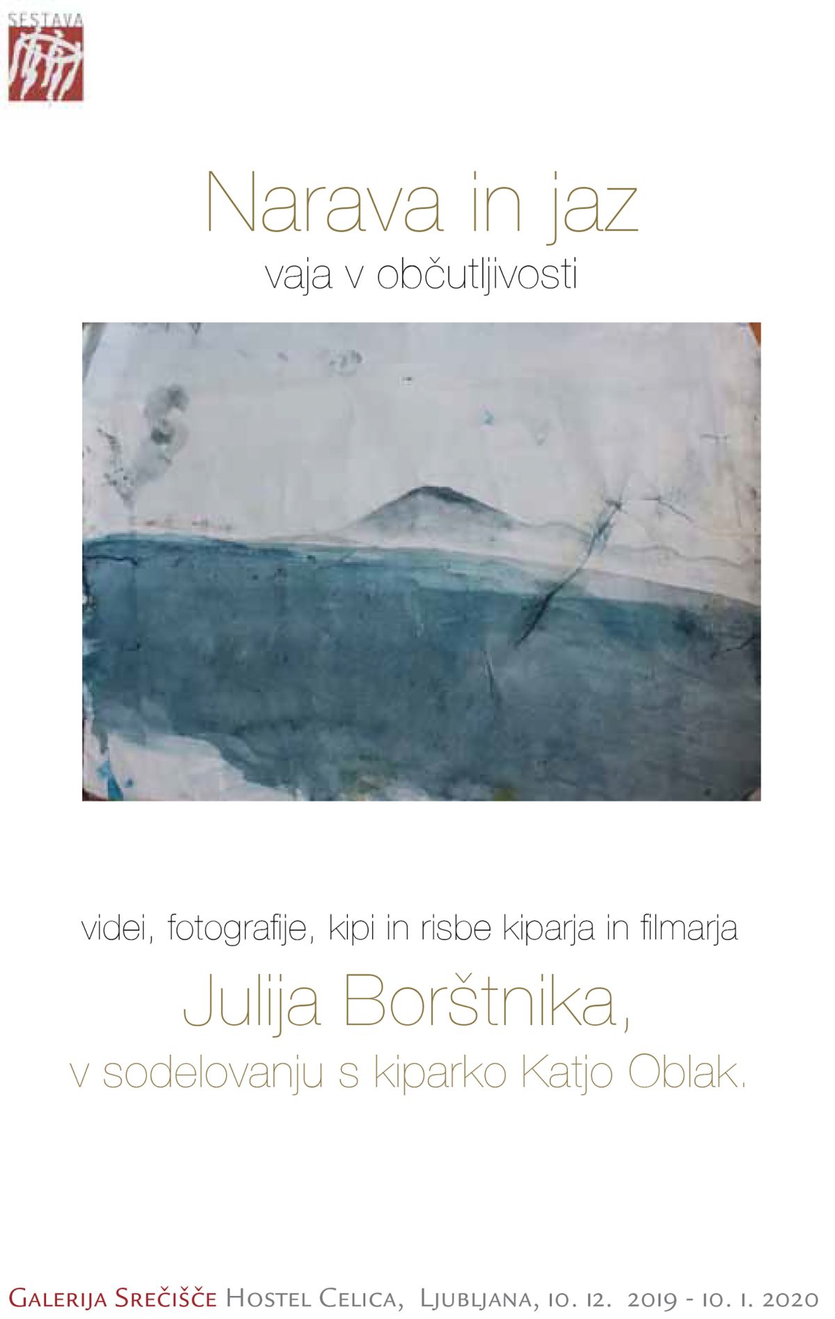 Leaflet NATURE & ME, solo exhibition, with a sculptural contribution by Katja Oblak, Srečišče Gallery, Hostel Celica, Ljubljana, Dec. 2019 and Jan. 2020.
